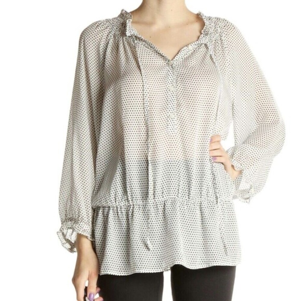 Ann Taylor Loft Blouse Size XS Polka Semi Sheer Secretary Ruffle Mock Neck Work